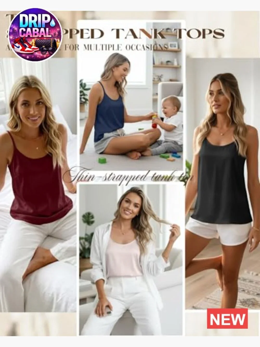 4 Pack Silk Satin Tank Tops Camisole Sleeveless Adjustable Straps Crewneck Cami